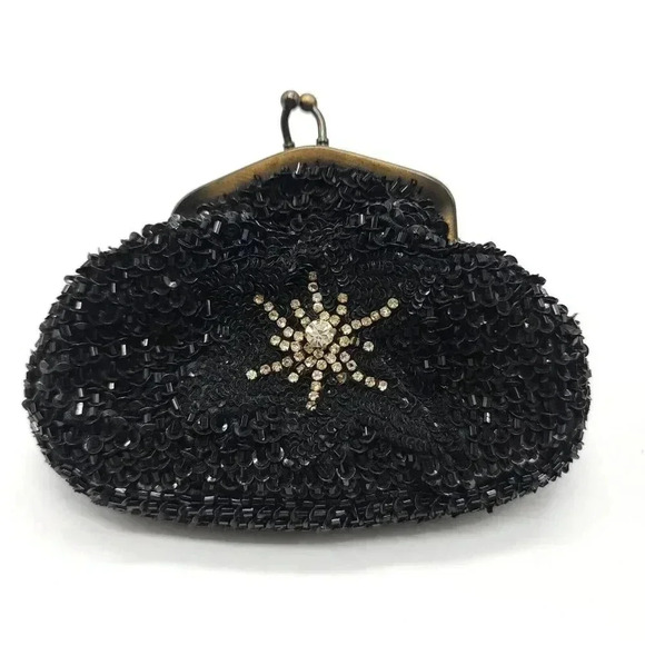 Christian Livingston Collection Black Sequin Clear Rhinestone Flower Evening Bag - Picture 1 of 4